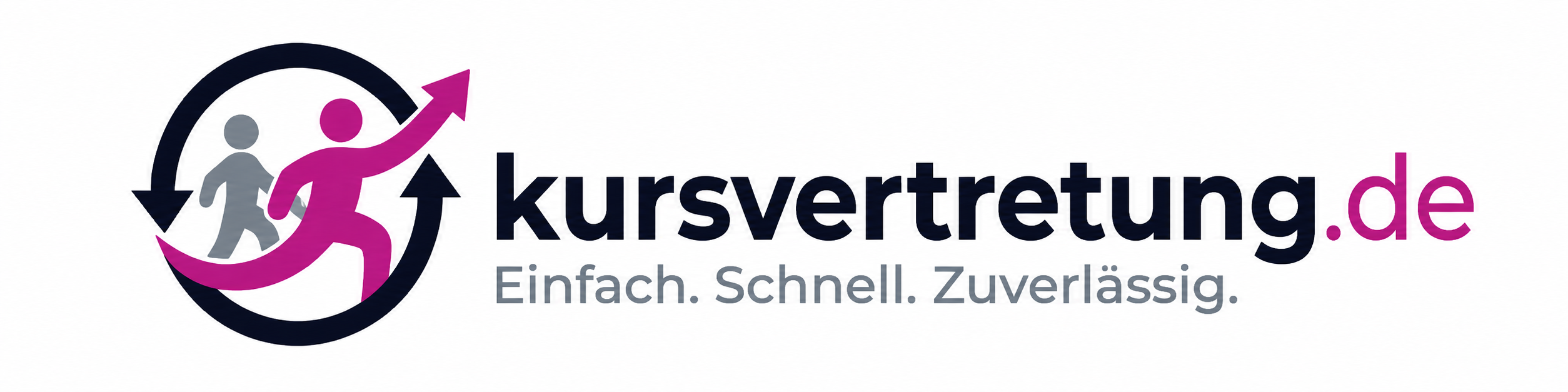 Logo für die Online-Plattform kursvertretung.de, das eine graue und eine dynamische, magentafarbene Person in einem Pfeilkreis darstellt, der für schnellen Ersatz steht. Daneben der Markenname und der Slogan: Einfach. Schnell.
